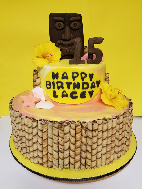Yellow and Pink Luau Birthday Cake
