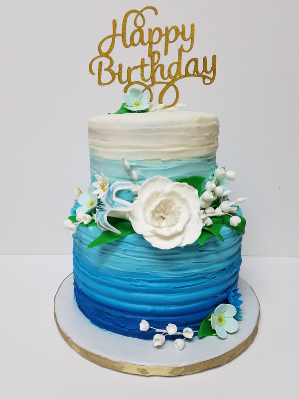 Blue Ombre Floral Birthday Cake Two Tier