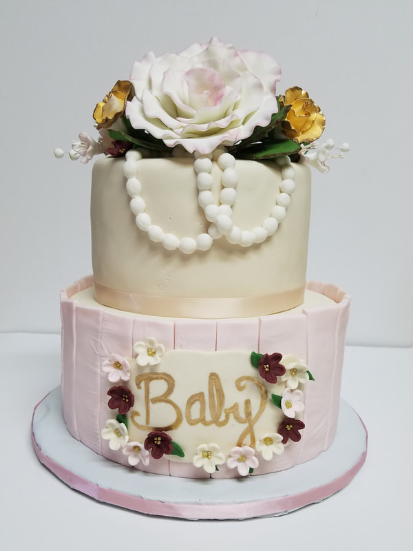 Pink and Gold Rose Baby Shower Cake