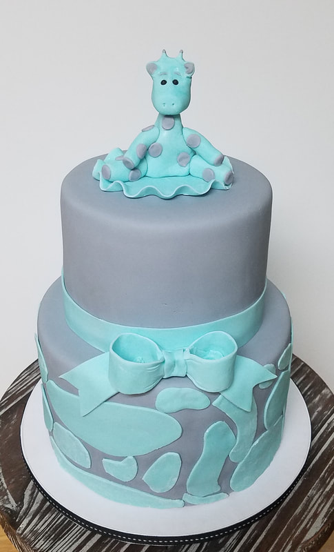Blue and Grey Giraffe Baby Shower Cake