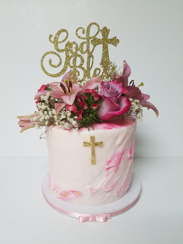 Gold, Pink and White First Communion Cake