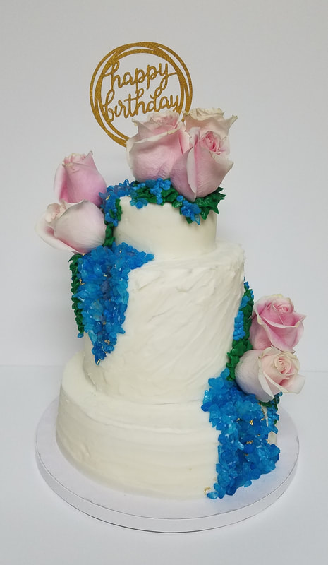 Three Tier Pink Rose and Blue Geode Cake
