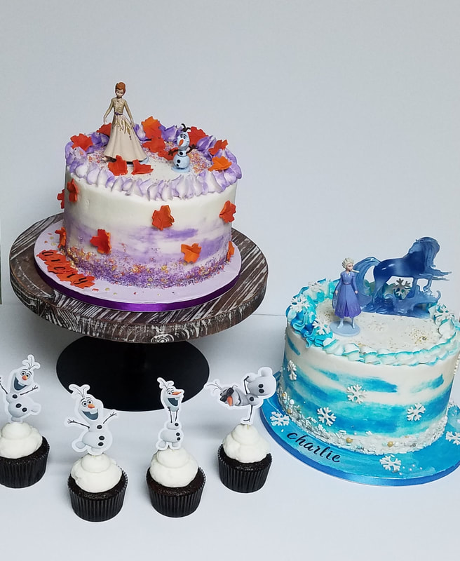 Frozen Anna Birthday Cake with Elsa Birthday Cake and Olaf Cupcakes