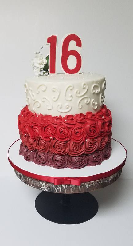 Red Burgundy Rosette Flower Birthday Cake Sweet 16