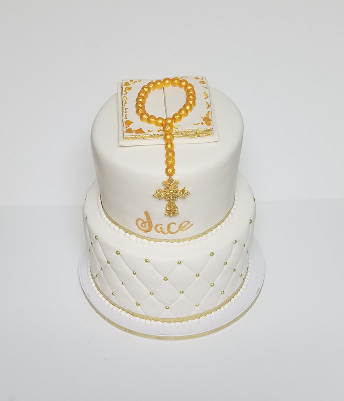 Two Tier Fondant Christening Cake with Bible on Top