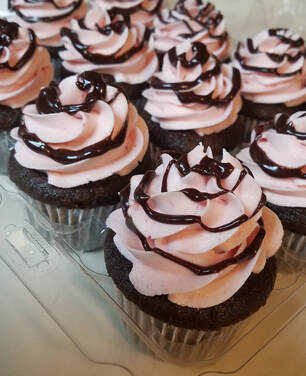 Chocolate Cupcakes with Strawberry Buttercream Frosting and Chocolate Drizzle