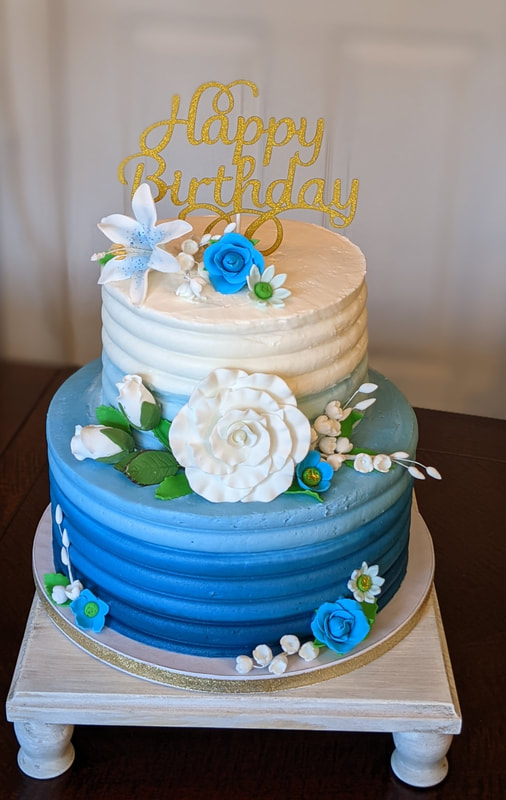 Two Tier Blue Ombre Floral Birthday Cake